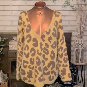 POL yellow leopard printed fuzzy sweater
